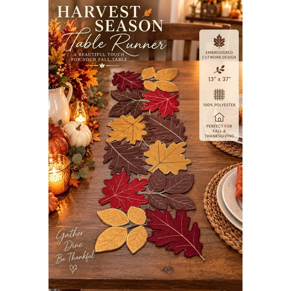 Harvest Season Autumn Leaf Table Runner Burgundy Gold Brown 13x37 Fall Decor
